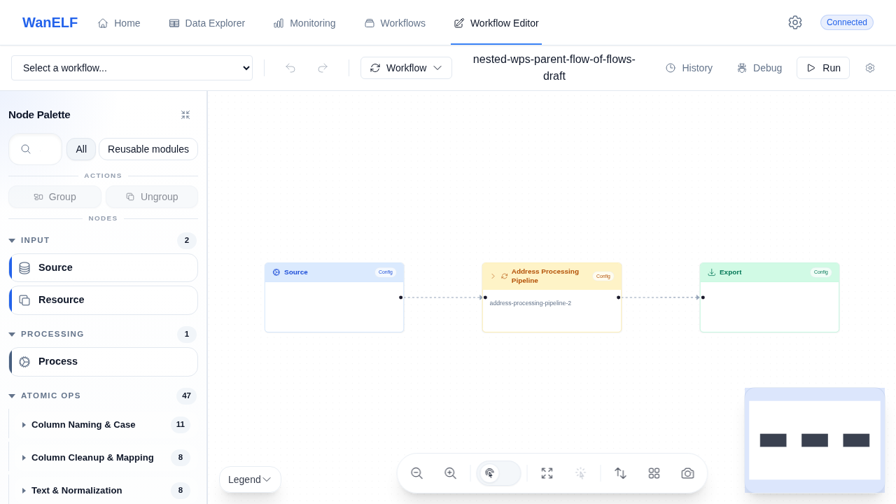 WanELF workflow editor showing a three-node parent flow with source, processing pipeline, and export nodes.