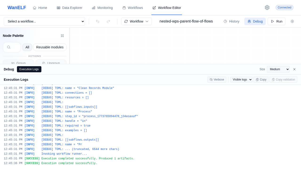 WanELF UI execution log panel showing successful workflow completion and produced artifacts.